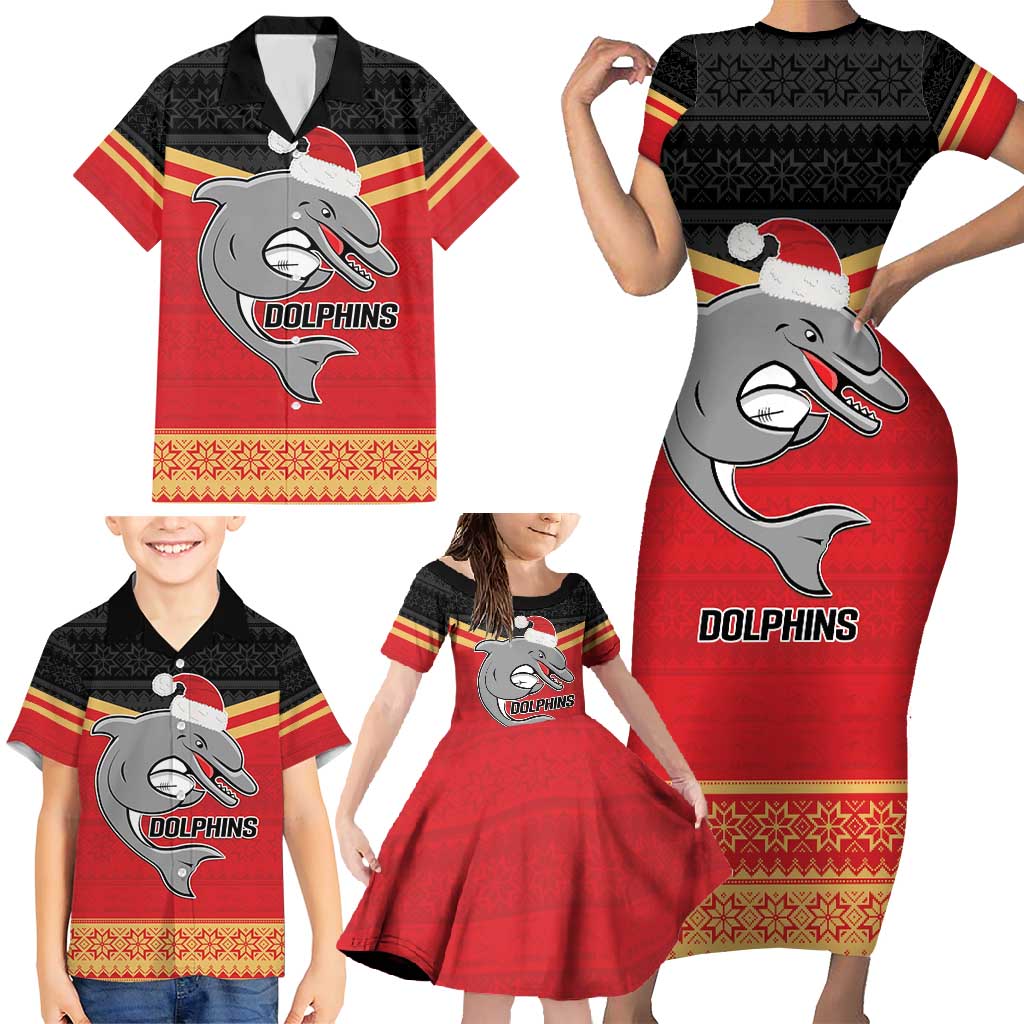 NRL Dolphins Mascot Christmas Personalised Family Matching Short Sleeve Bodycon Dress and Hawaiian Shirt Black Style