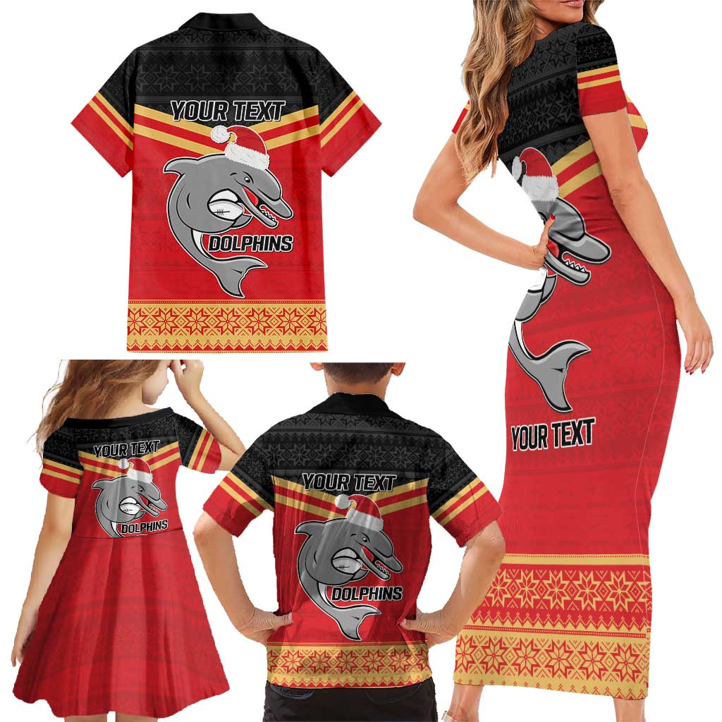 NRL Dolphins Mascot Christmas Personalised Family Matching Short Sleeve Bodycon Dress and Hawaiian Shirt Black Style