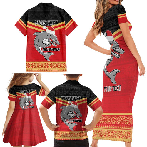 NRL Dolphins Mascot Christmas Personalised Family Matching Short Sleeve Bodycon Dress and Hawaiian Shirt Black Style