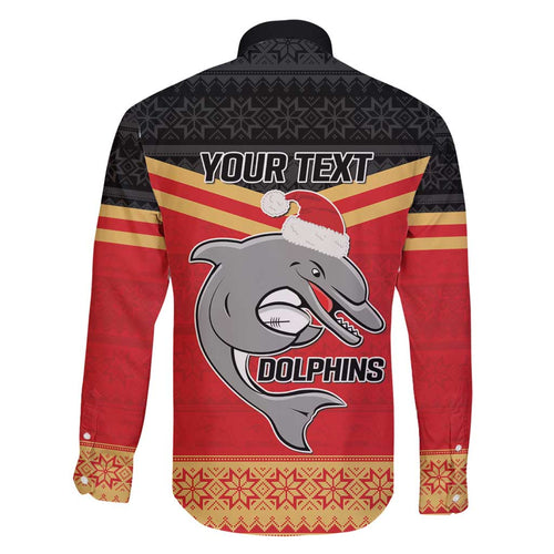 NRL Dolphins Mascot Christmas Personalised Family Matching Short Sleeve Bodycon Dress and Hawaiian Shirt Black Style