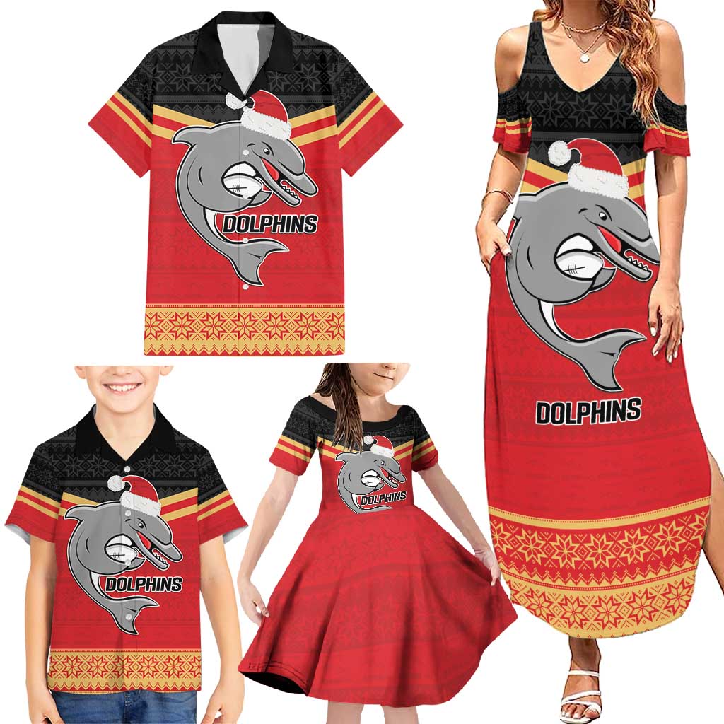 NRL Dolphins Mascot Christmas Personalised Family Matching Summer Maxi Dress and Hawaiian Shirt Black Style