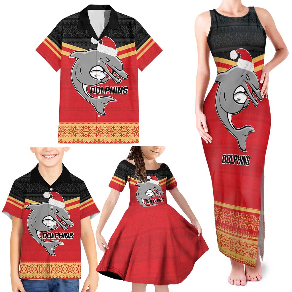 NRL Dolphins Mascot Christmas Personalised Family Matching Tank Maxi Dress and Hawaiian Shirt Black Style