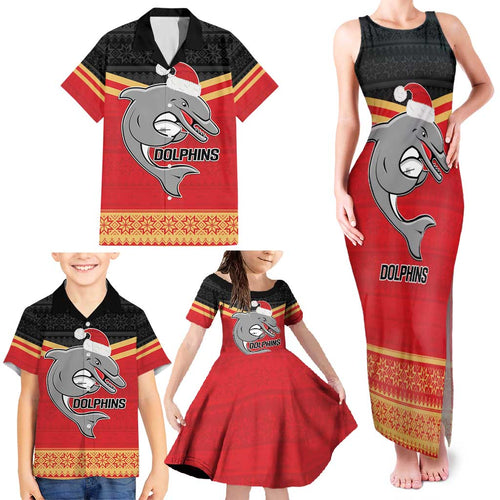 NRL Dolphins Mascot Christmas Personalised Family Matching Tank Maxi Dress and Hawaiian Shirt Black Style