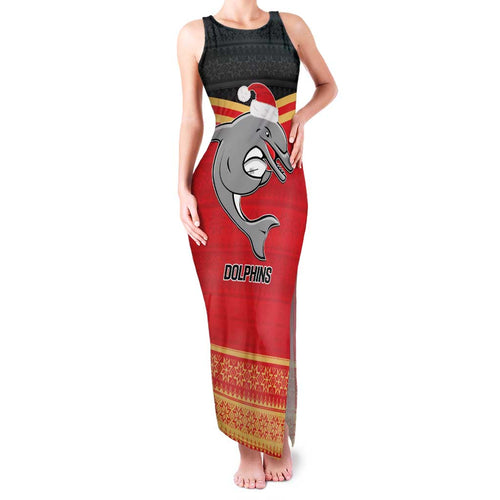 NRL Dolphins Mascot Christmas Personalised Family Matching Tank Maxi Dress and Hawaiian Shirt Black Style