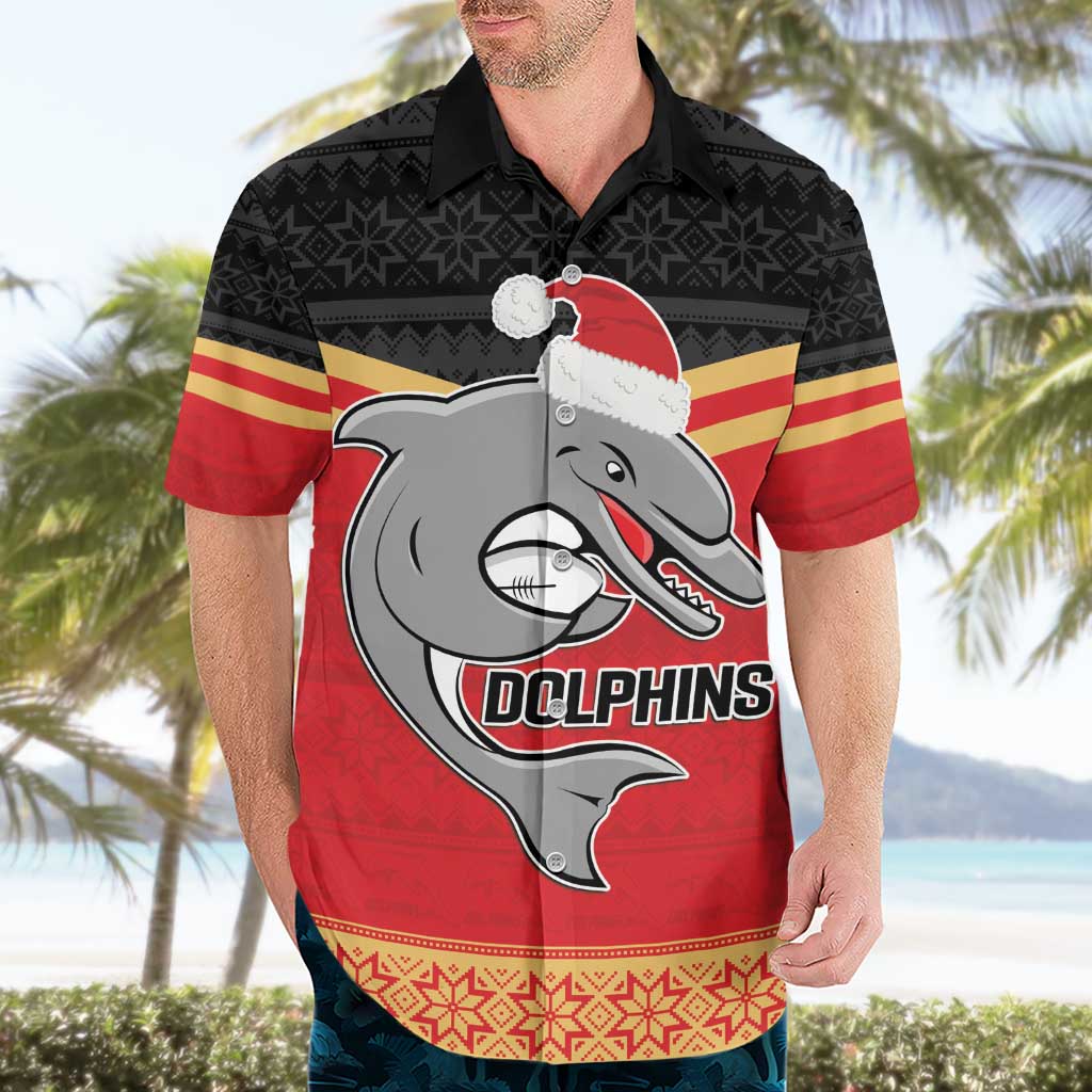 NRL Dolphins Mascot Christmas Personalised Hawaiian Shirt Black Style