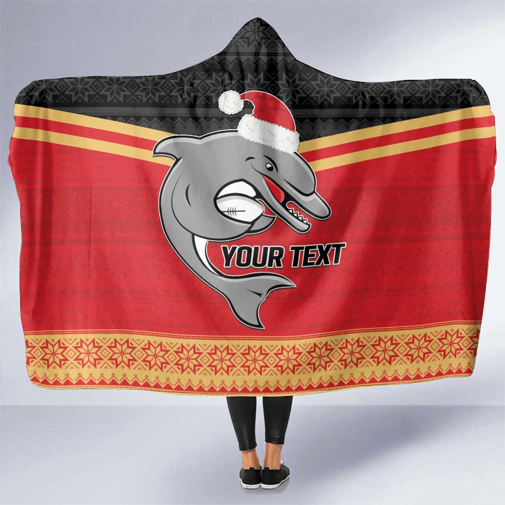 NRL Dolphins Mascot Christmas Personalised Hooded Blanket Black Style