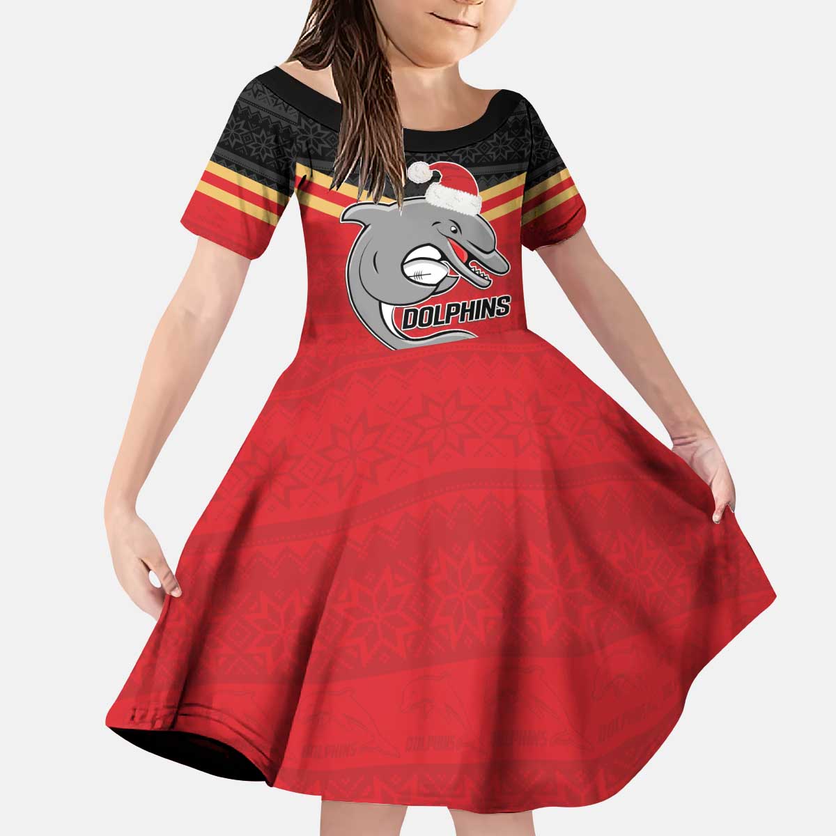 NRL Dolphins Mascot Christmas Personalised Kid Short Sleeve Dress Black Style