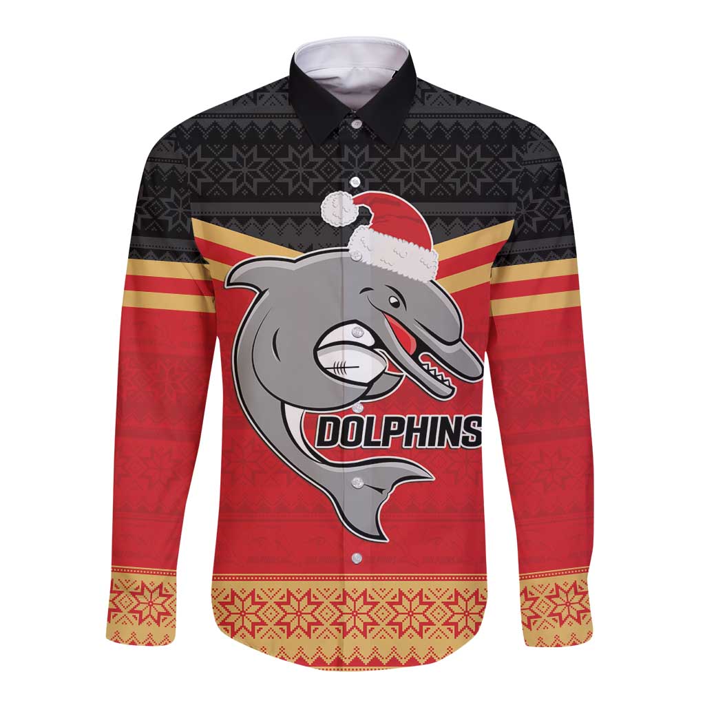 NRL Dolphins Mascot Christmas Personalised Long Sleeve Button Shirt Black Style