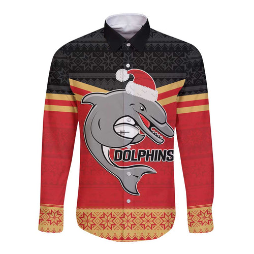 NRL Dolphins Mascot Christmas Personalised Long Sleeve Button Shirt Black Style