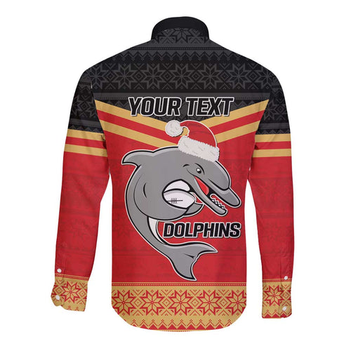 NRL Dolphins Mascot Christmas Personalised Long Sleeve Button Shirt Black Style