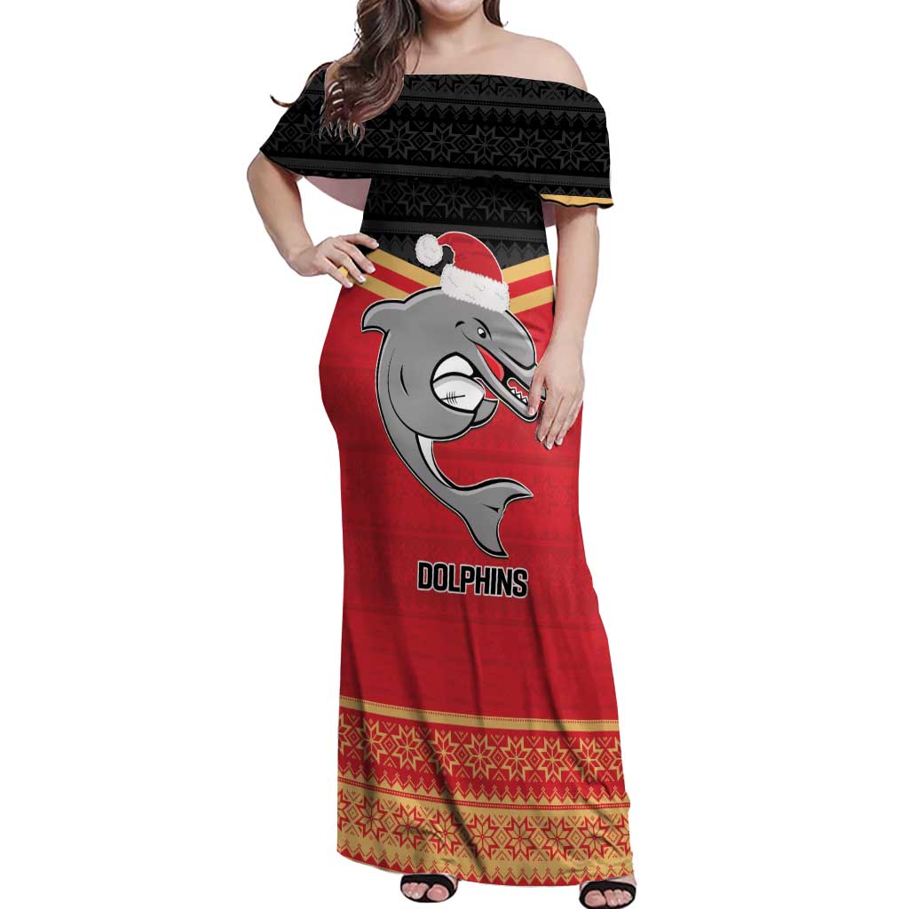 NRL Dolphins Mascot Christmas Personalised Off Shoulder Maxi Dress Black Style