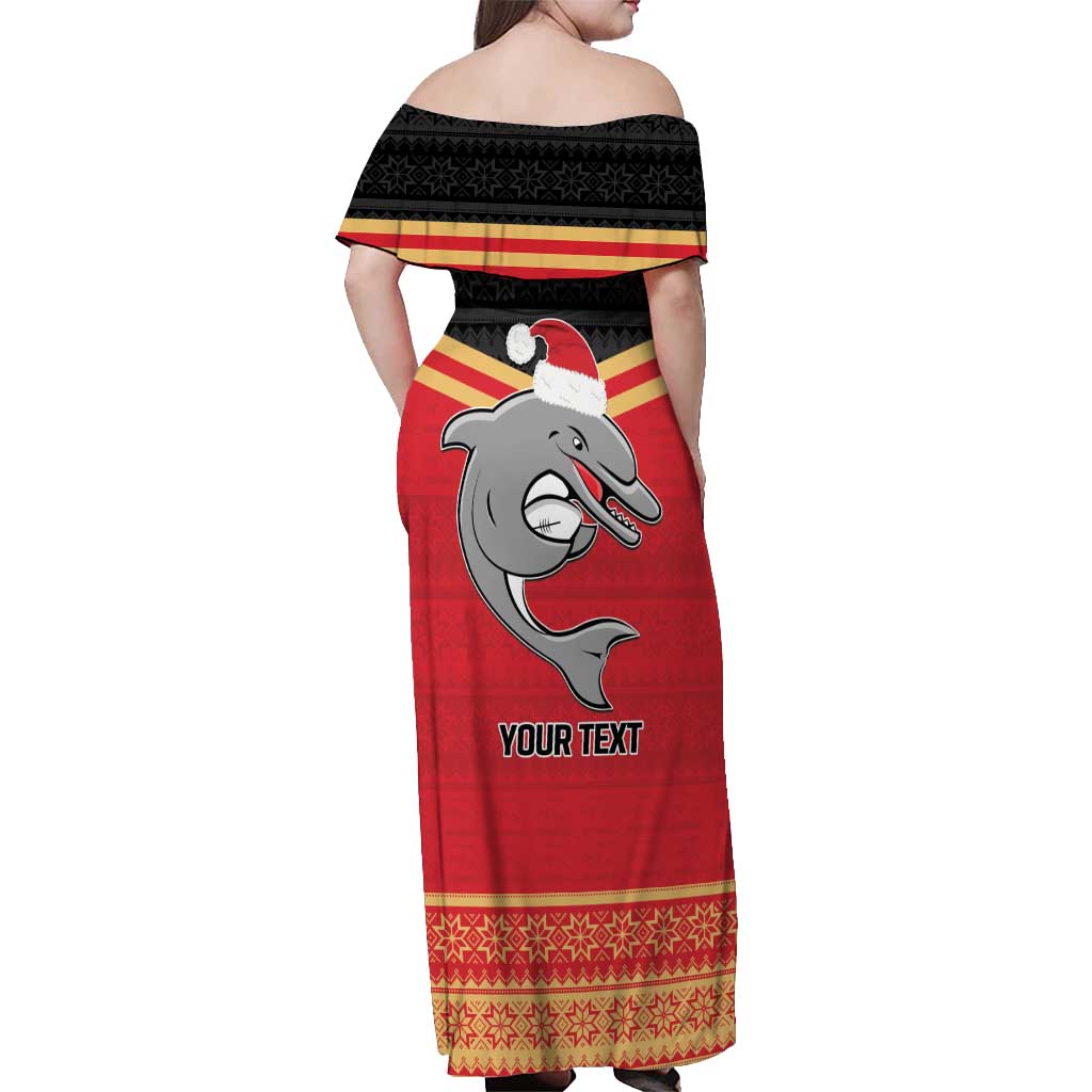 NRL Dolphins Mascot Christmas Personalised Off Shoulder Maxi Dress Black Style