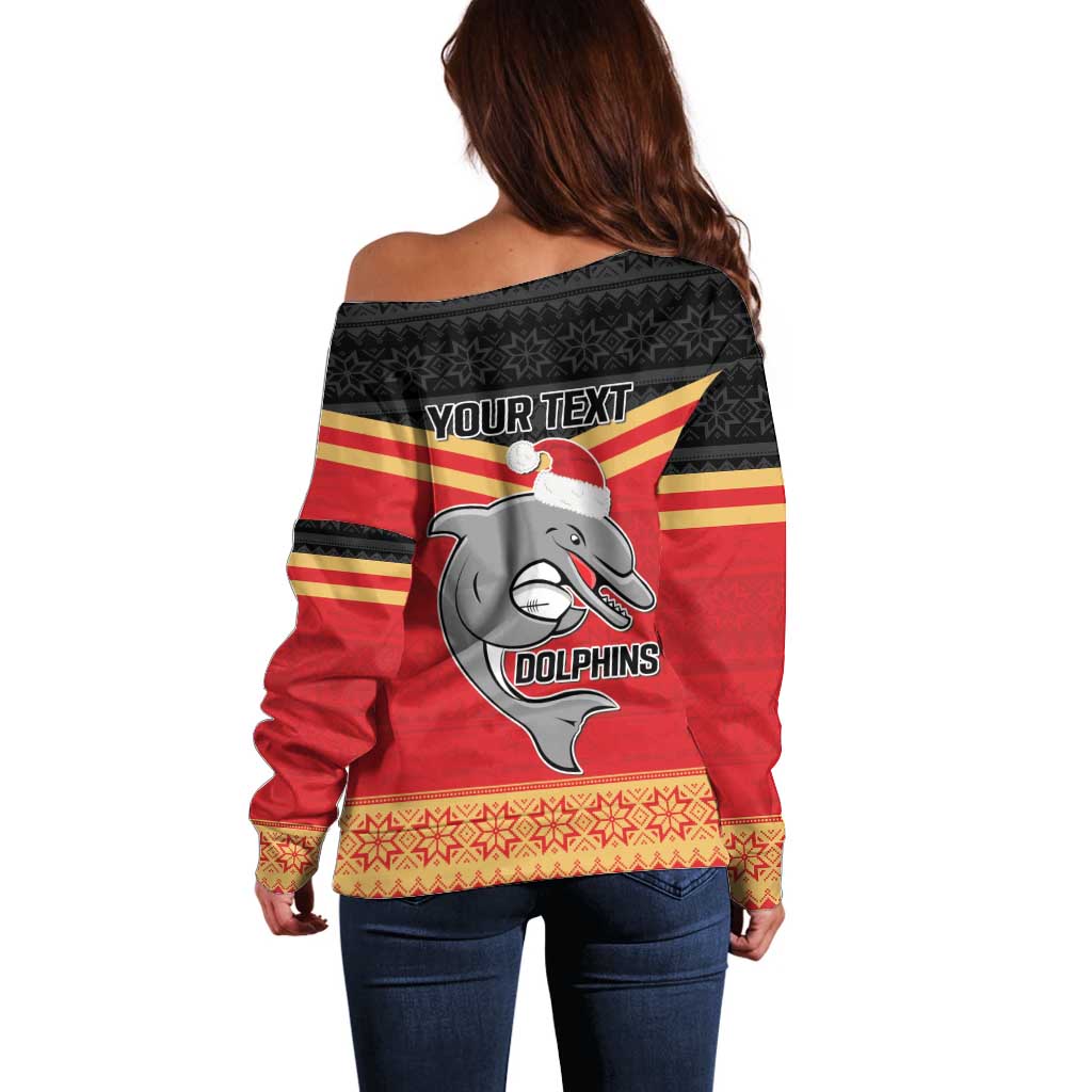 NRL Dolphins Mascot Christmas Personalised Off Shoulder Sweater Black Style
