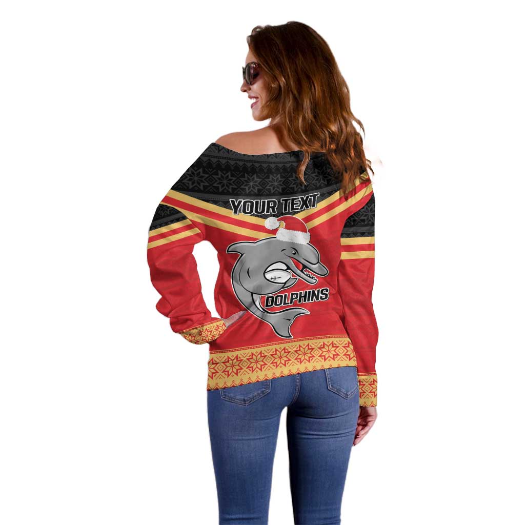 NRL Dolphins Mascot Christmas Personalised Off Shoulder Sweater Black Style