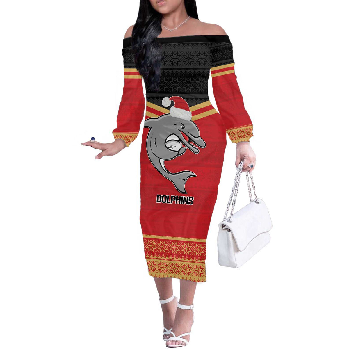 NRL Dolphins Mascot Christmas Personalised Off The Shoulder Long Sleeve Dress Black Style