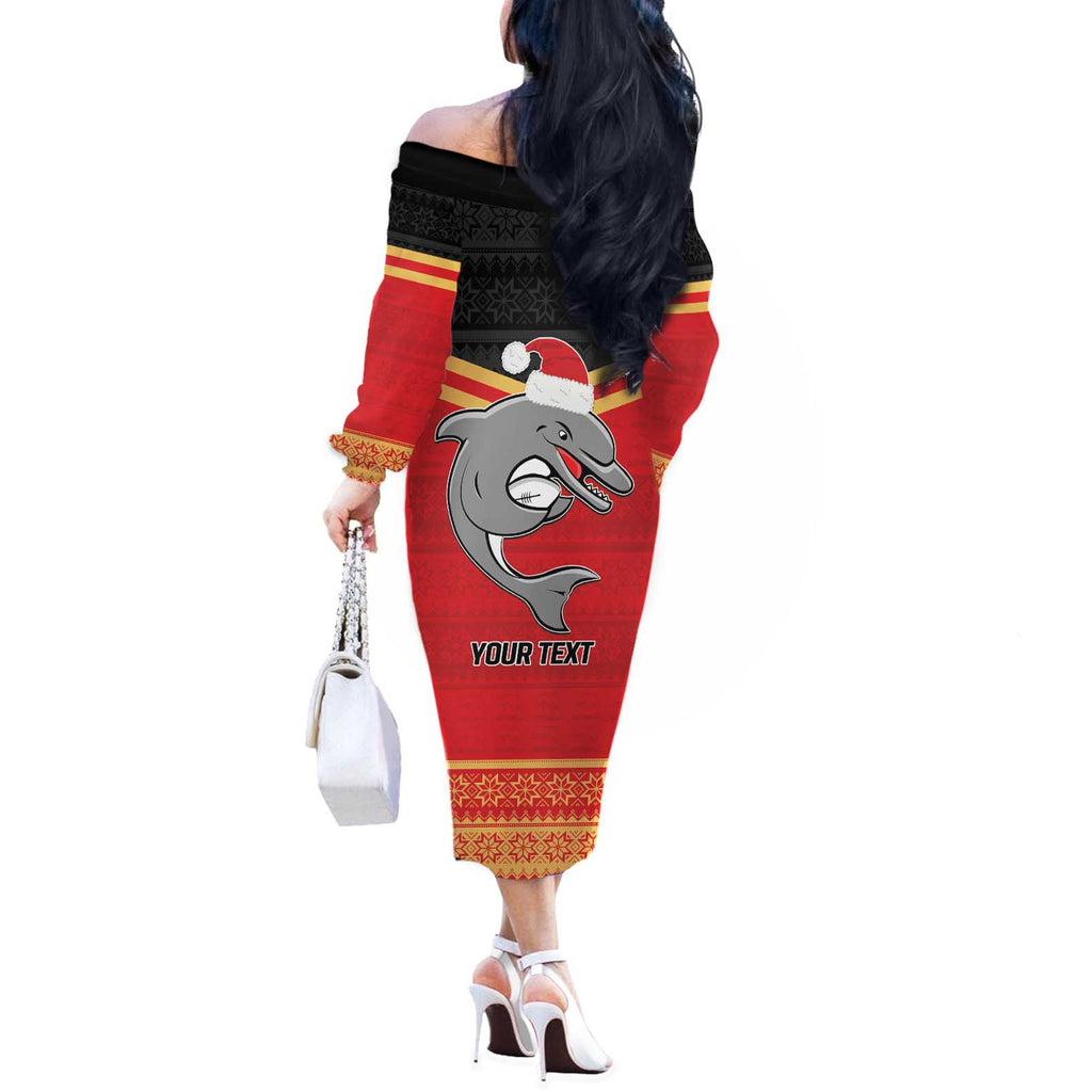 NRL Dolphins Mascot Christmas Personalised Off The Shoulder Long Sleeve Dress Black Style