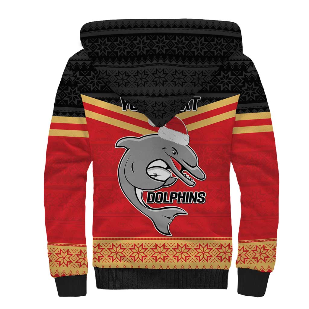 NRL Dolphins Mascot Christmas Personalised Sherpa Hoodie Black Style