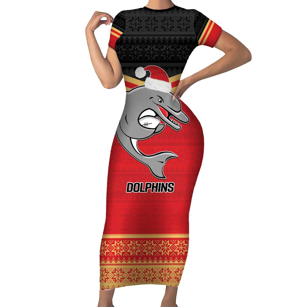 NRL Dolphins Mascot Christmas Personalised Short Sleeve Bodycon Dress Black Style