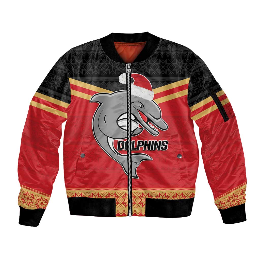 NRL Dolphins Mascot Christmas Personalised Sleeve Zip Bomber Jacket Black Style