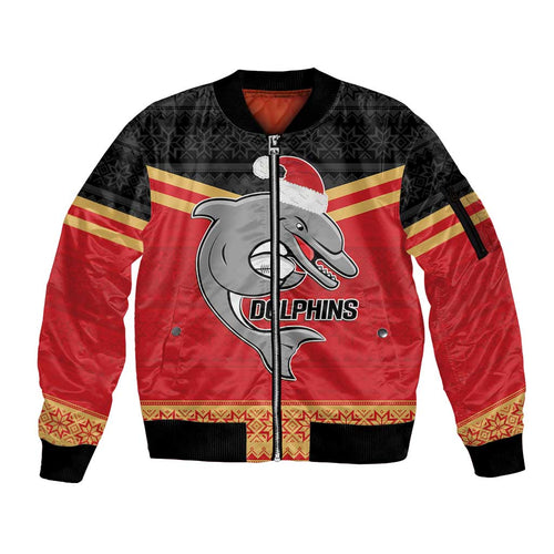 NRL Dolphins Mascot Christmas Personalised Sleeve Zip Bomber Jacket Black Style