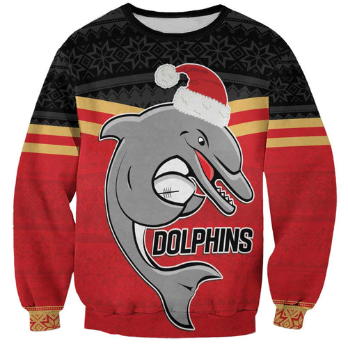 NRL Dolphins Mascot Christmas Personalised Sweatshirt Black Style