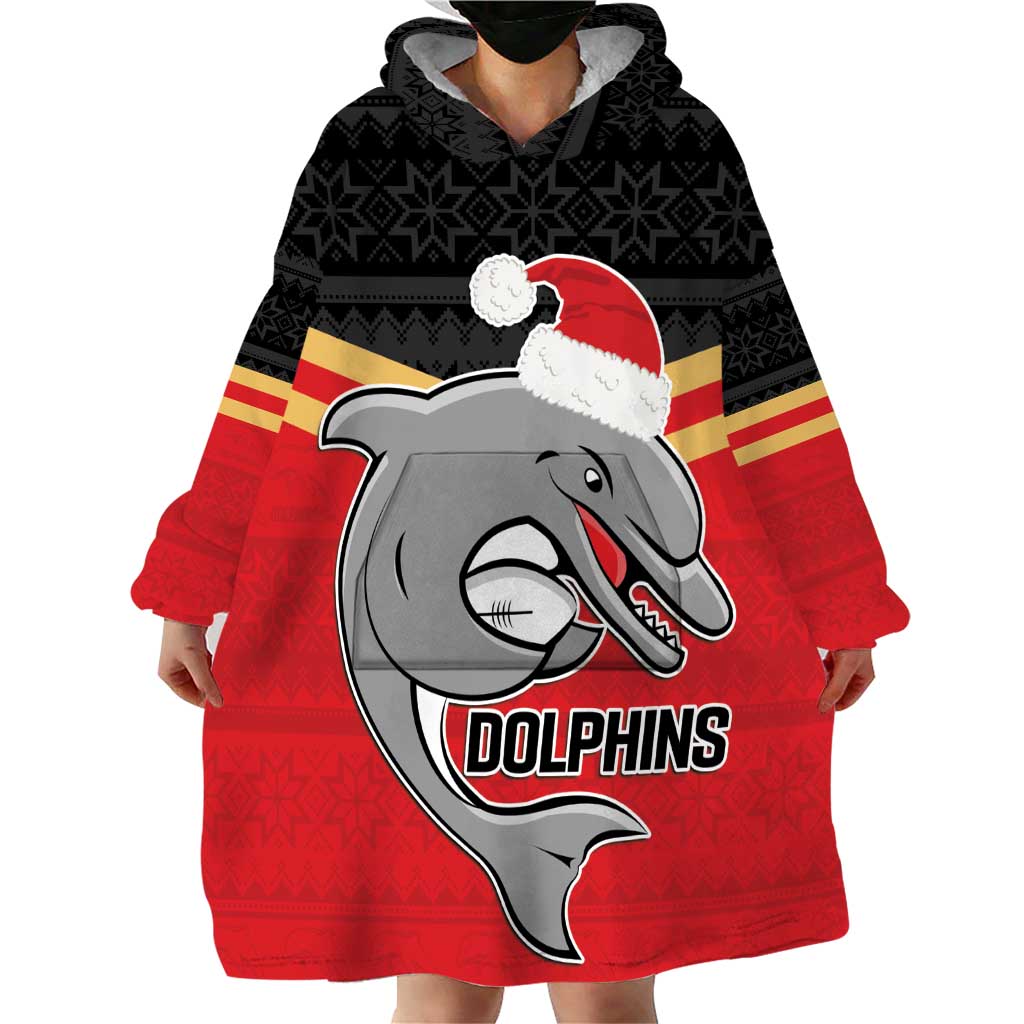NRL Dolphins Mascot Christmas Personalised Wearable Blanket Hoodie Black Style