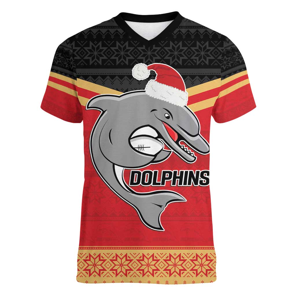 NRL Dolphins Mascot Christmas Personalised Women V-Neck T-Shirt Black Style