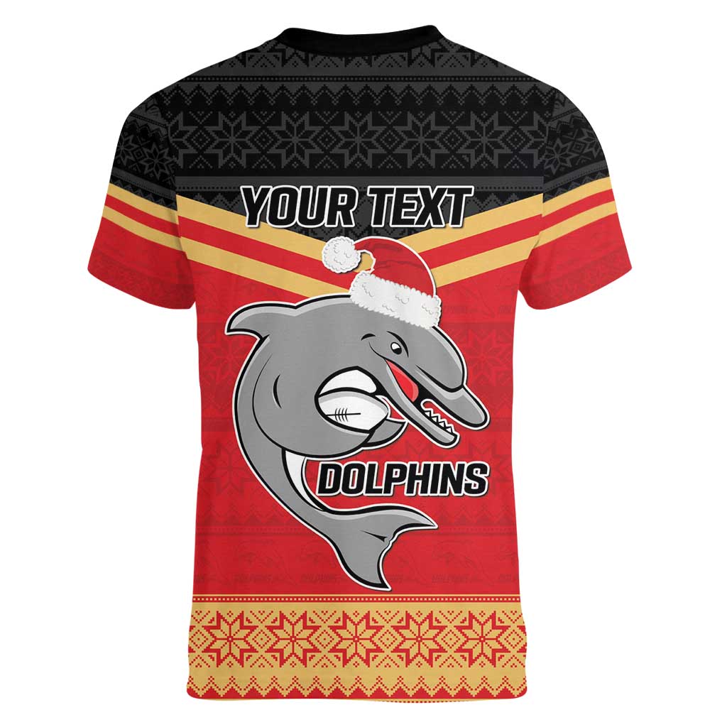 NRL Dolphins Mascot Christmas Personalised Women V-Neck T-Shirt Black Style