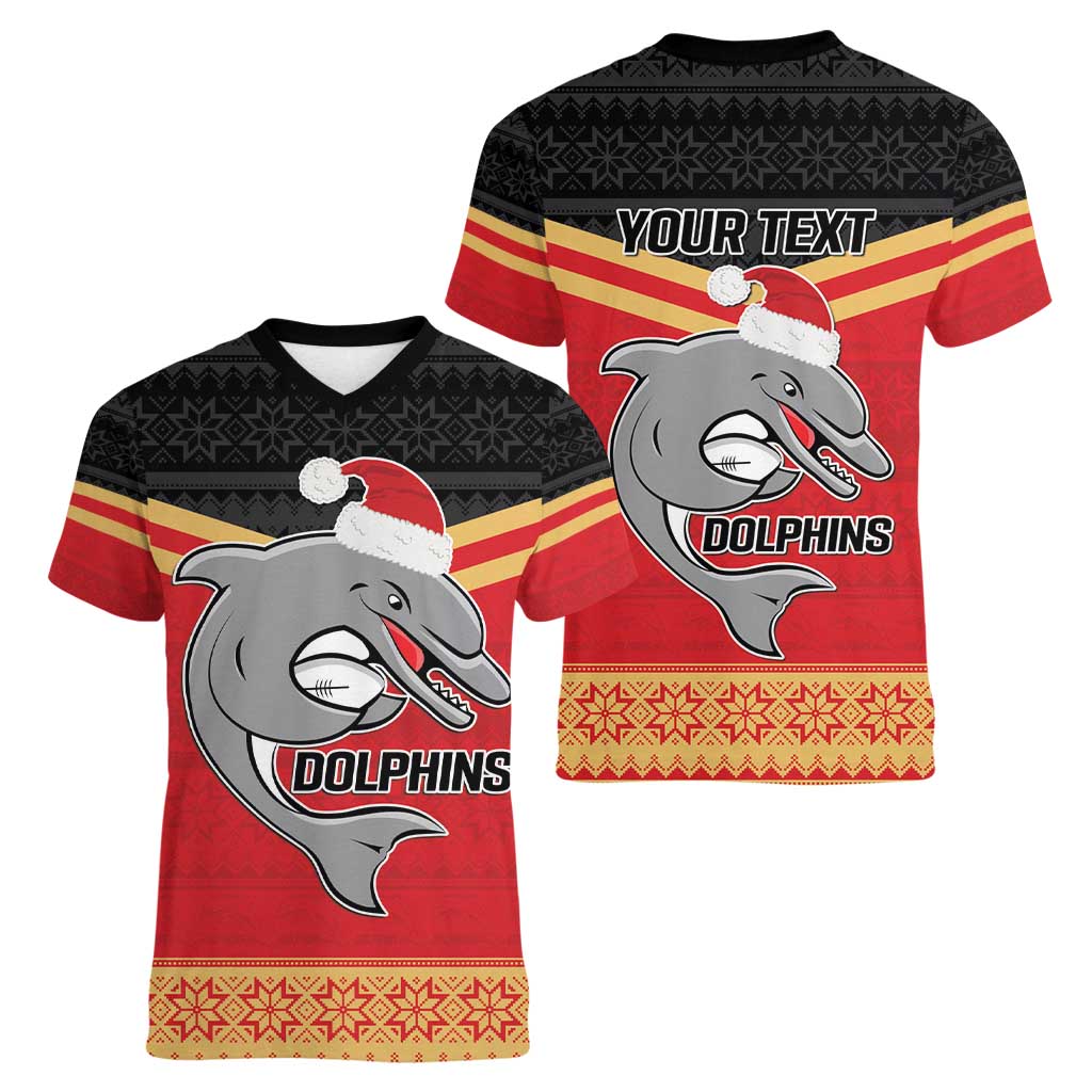 NRL Dolphins Mascot Christmas Personalised Women V-Neck T-Shirt Black Style