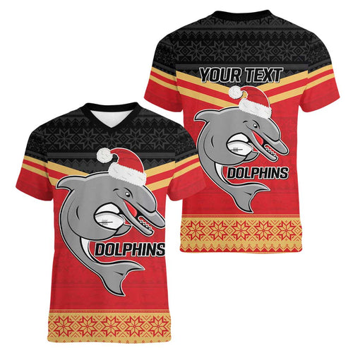 NRL Dolphins Mascot Christmas Personalised Women V-Neck T-Shirt Black Style