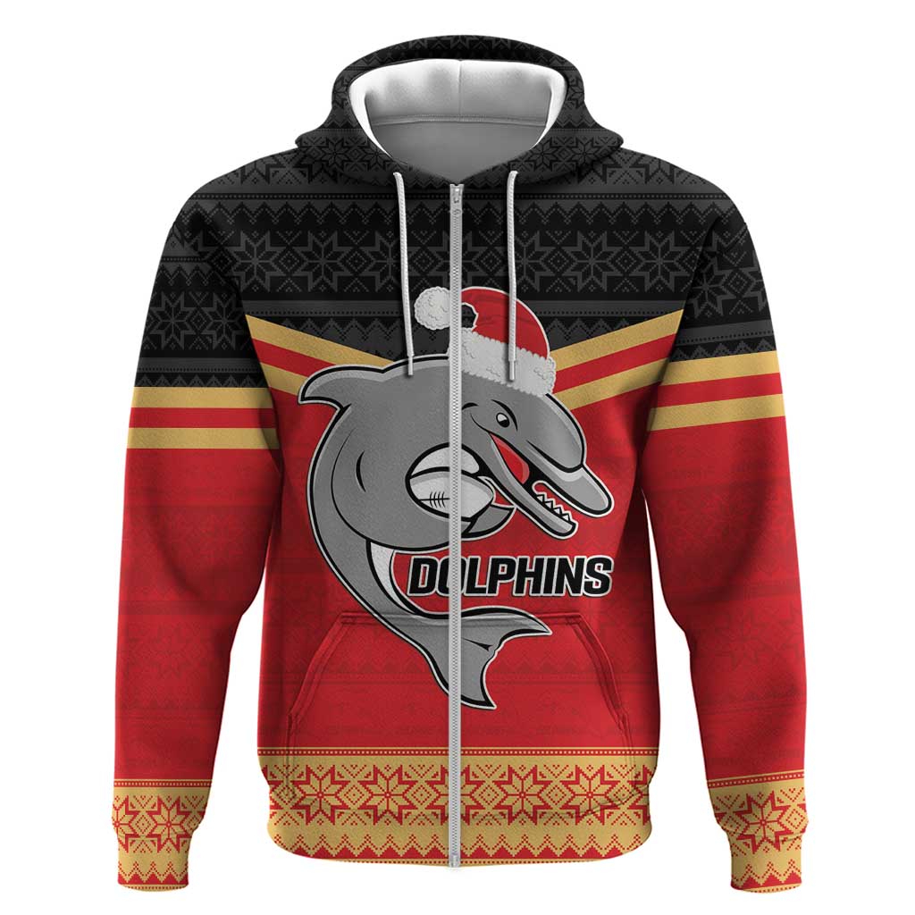 NRL Dolphins Mascot Christmas Personalised Zip Hoodie Black Style