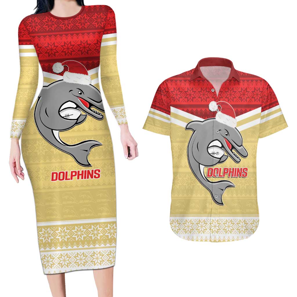 NRL Dolphins Mascot Christmas Personalised Couples Matching Long Sleeve Bodycon Dress and Hawaiian Shirt God Style