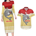 NRL Dolphins Mascot Christmas Personalised Couples Matching Long Sleeve Bodycon Dress and Hawaiian Shirt God Style