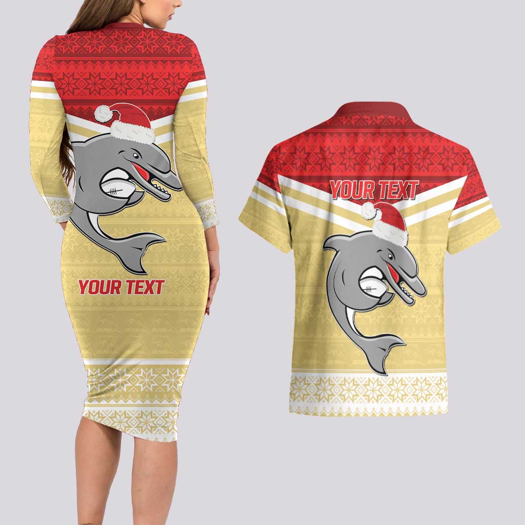 NRL Dolphins Mascot Christmas Personalised Couples Matching Long Sleeve Bodycon Dress and Hawaiian Shirt God Style