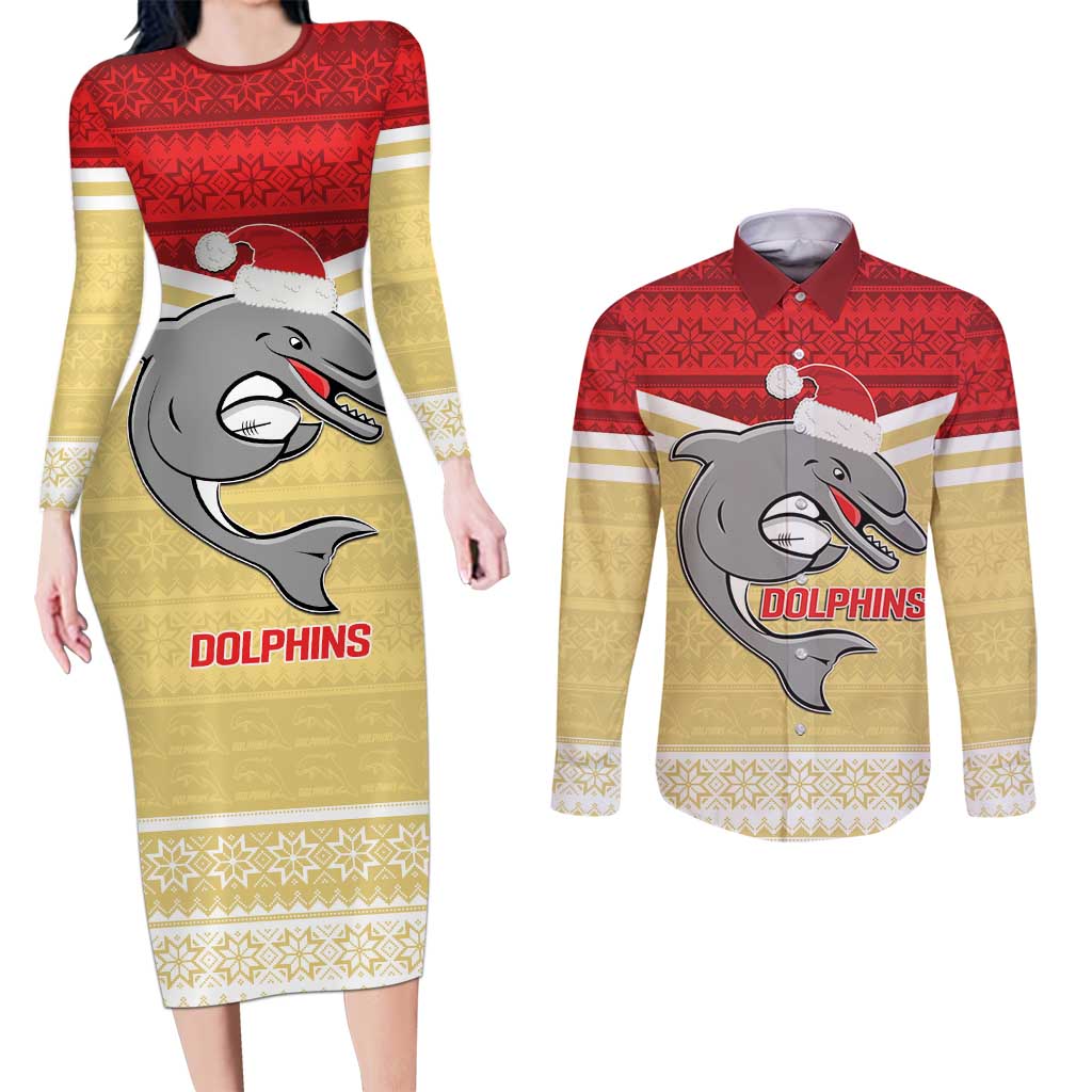 NRL Dolphins Mascot Christmas Personalised Couples Matching Long Sleeve Bodycon Dress and Long Sleeve Button Shirt God Style
