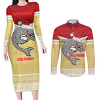 NRL Dolphins Mascot Christmas Personalised Couples Matching Long Sleeve Bodycon Dress and Long Sleeve Button Shirt God Style