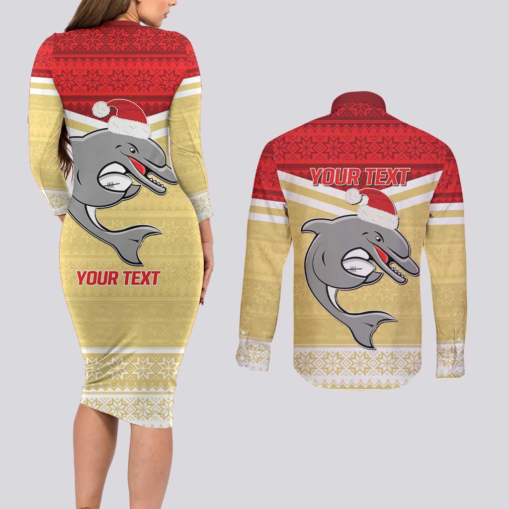 NRL Dolphins Mascot Christmas Personalised Couples Matching Long Sleeve Bodycon Dress and Long Sleeve Button Shirt God Style