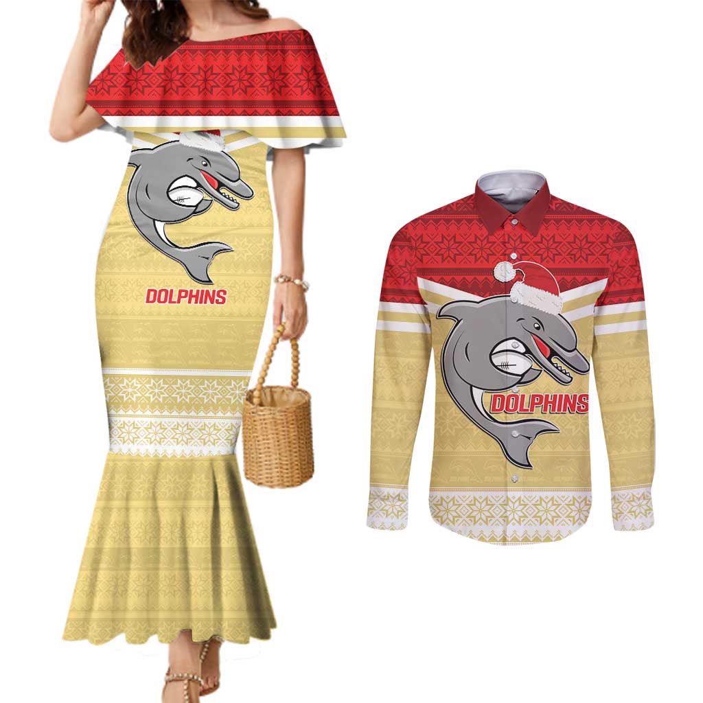 NRL Dolphins Mascot Christmas Personalised Couples Matching Mermaid Dress and Long Sleeve Button Shirt God Style