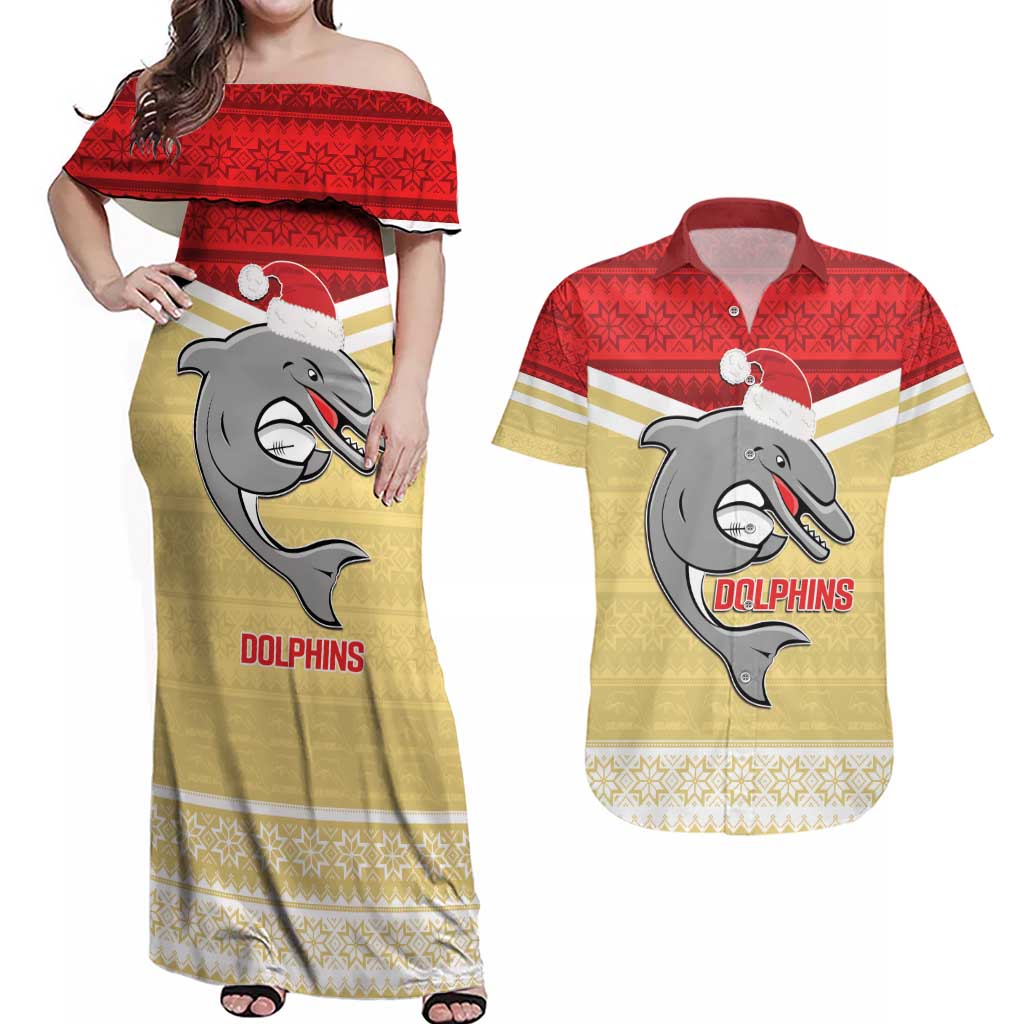 NRL Dolphins Mascot Christmas Personalised Couples Matching Off Shoulder Maxi Dress and Hawaiian Shirt God Style