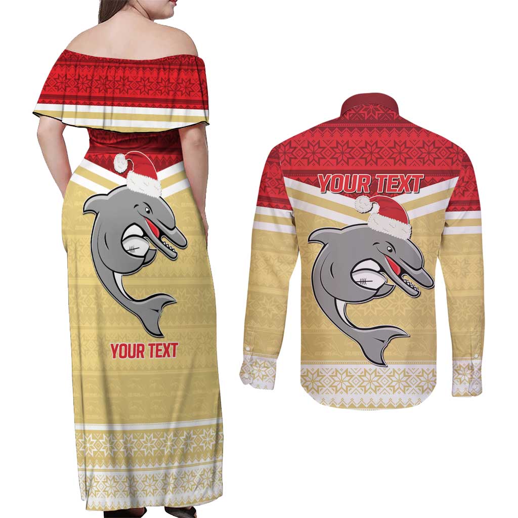 NRL Dolphins Mascot Christmas Personalised Couples Matching Off Shoulder Maxi Dress and Long Sleeve Button Shirt God Style