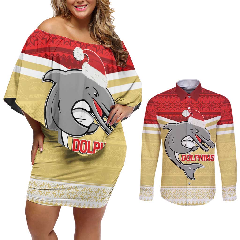 NRL Dolphins Mascot Christmas Personalised Couples Matching Off Shoulder Short Dress and Long Sleeve Button Shirt God Style