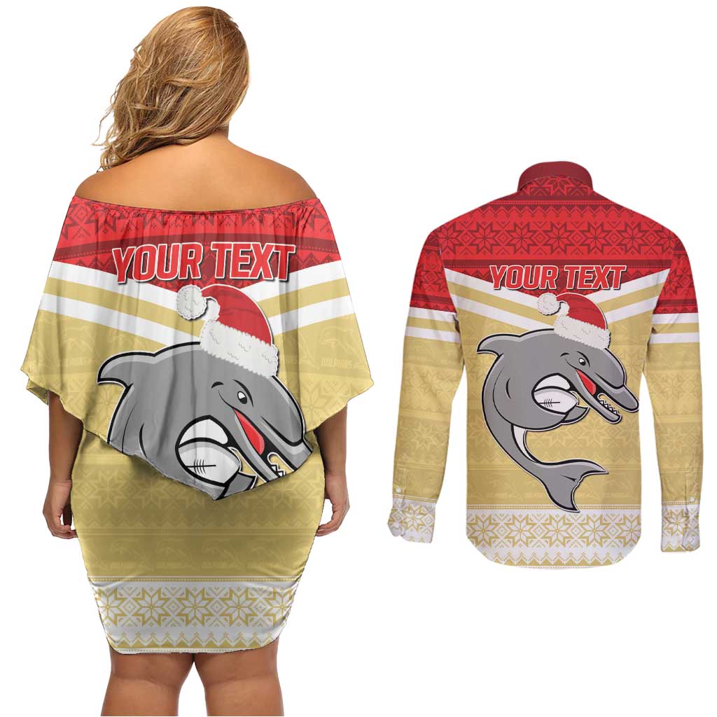 NRL Dolphins Mascot Christmas Personalised Couples Matching Off Shoulder Short Dress and Long Sleeve Button Shirt God Style