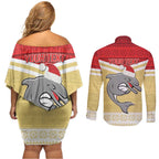 NRL Dolphins Mascot Christmas Personalised Couples Matching Off Shoulder Short Dress and Long Sleeve Button Shirt God Style