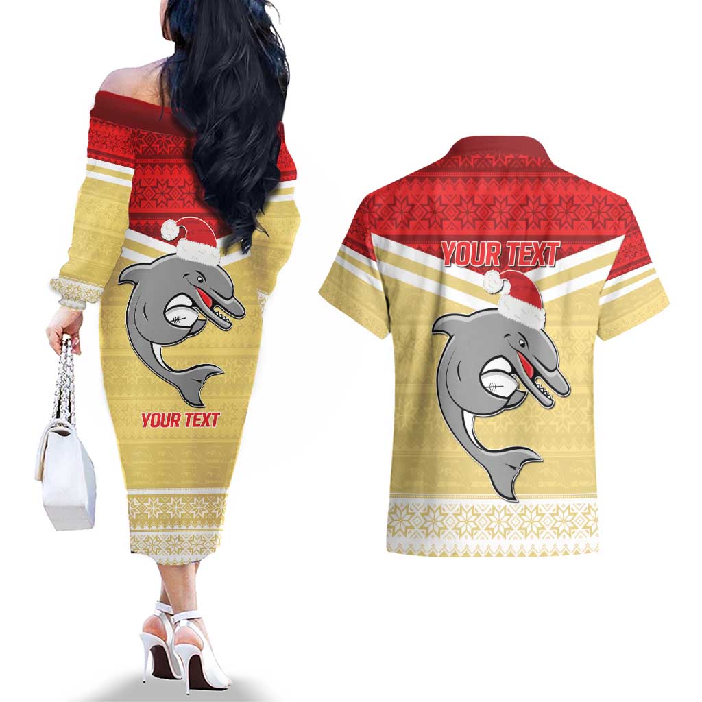 NRL Dolphins Mascot Christmas Personalised Couples Matching Off The Shoulder Long Sleeve Dress and Hawaiian Shirt God Style