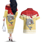 NRL Dolphins Mascot Christmas Personalised Couples Matching Off The Shoulder Long Sleeve Dress and Hawaiian Shirt God Style
