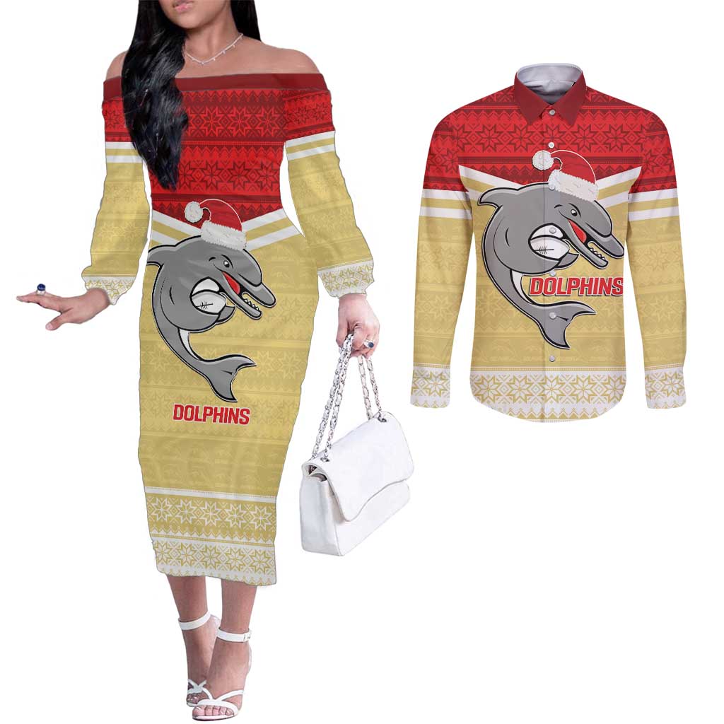 NRL Dolphins Mascot Christmas Personalised Couples Matching Off The Shoulder Long Sleeve Dress and Long Sleeve Button Shirt God Style