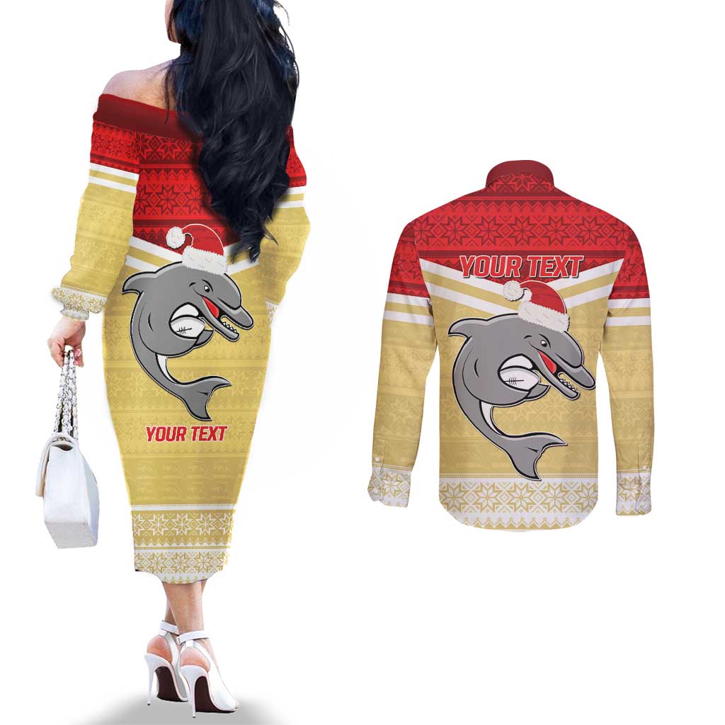 NRL Dolphins Mascot Christmas Personalised Couples Matching Off The Shoulder Long Sleeve Dress and Long Sleeve Button Shirt God Style