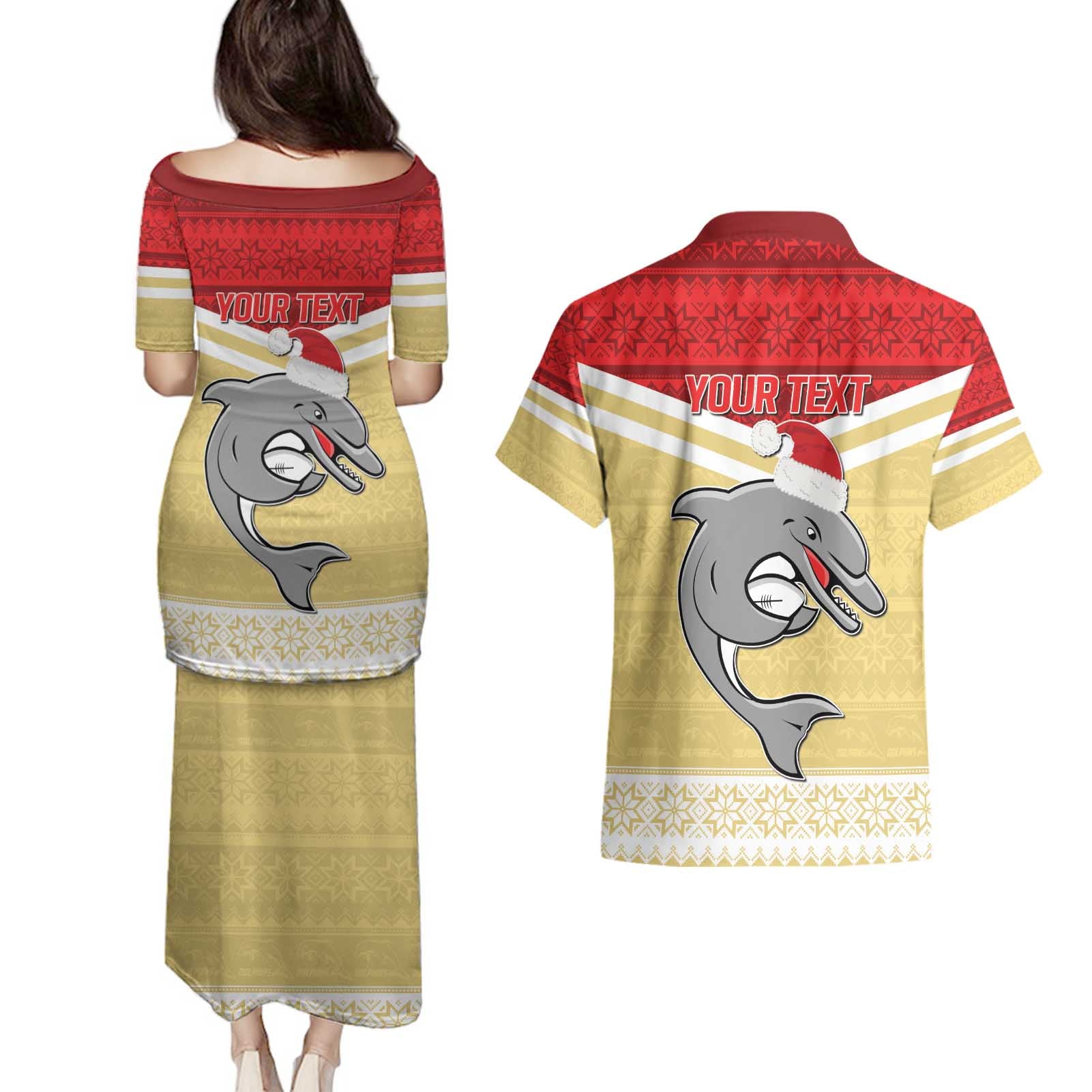 NRL Dolphins Mascot Christmas Personalised Couples Matching Puletasi and Hawaiian Shirt God Style