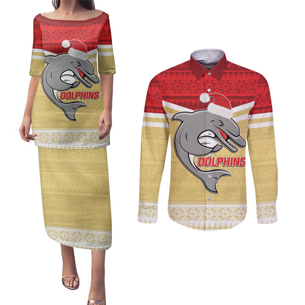 NRL Dolphins Mascot Christmas Personalised Couples Matching Puletasi and Long Sleeve Button Shirt God Style