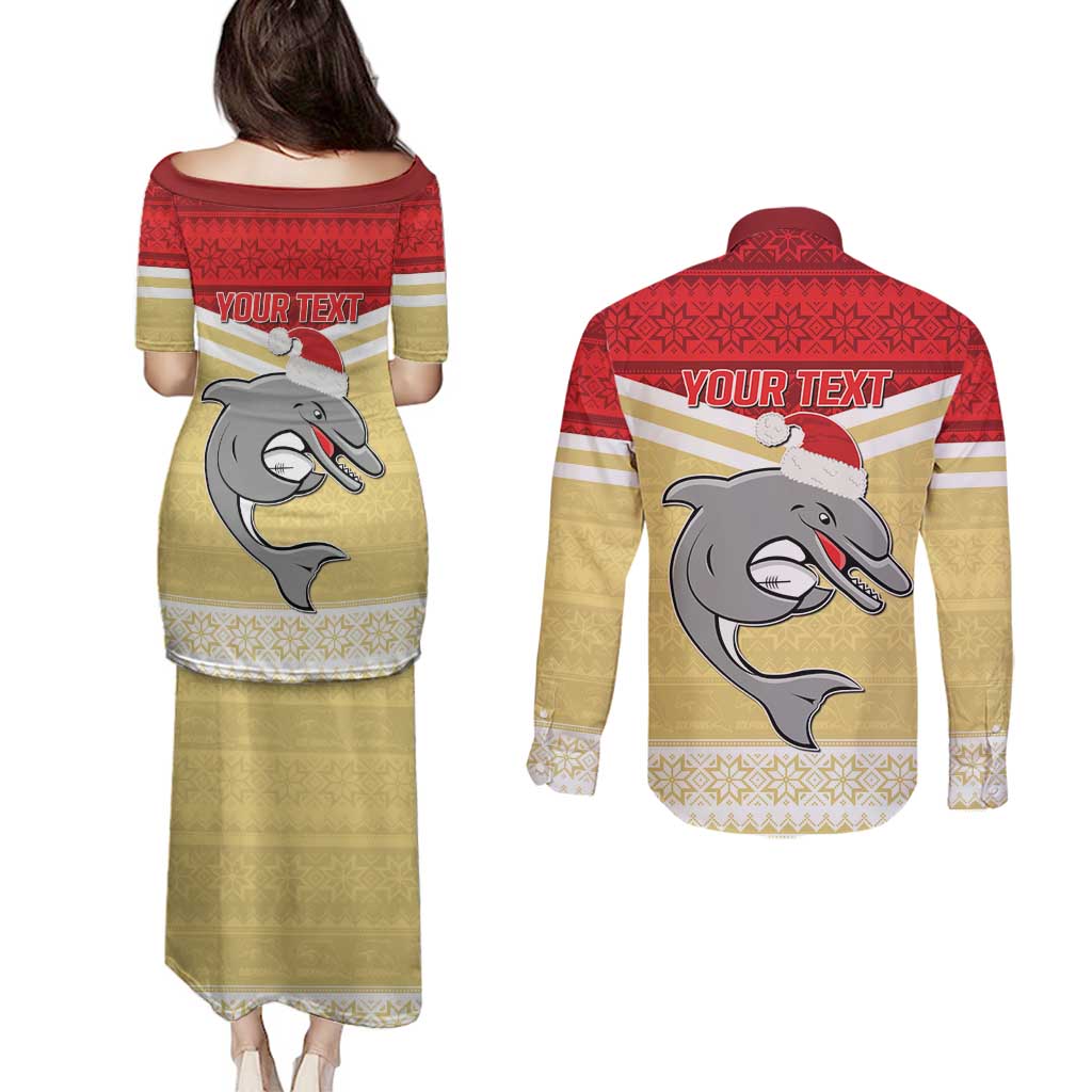 NRL Dolphins Mascot Christmas Personalised Couples Matching Puletasi and Long Sleeve Button Shirt God Style
